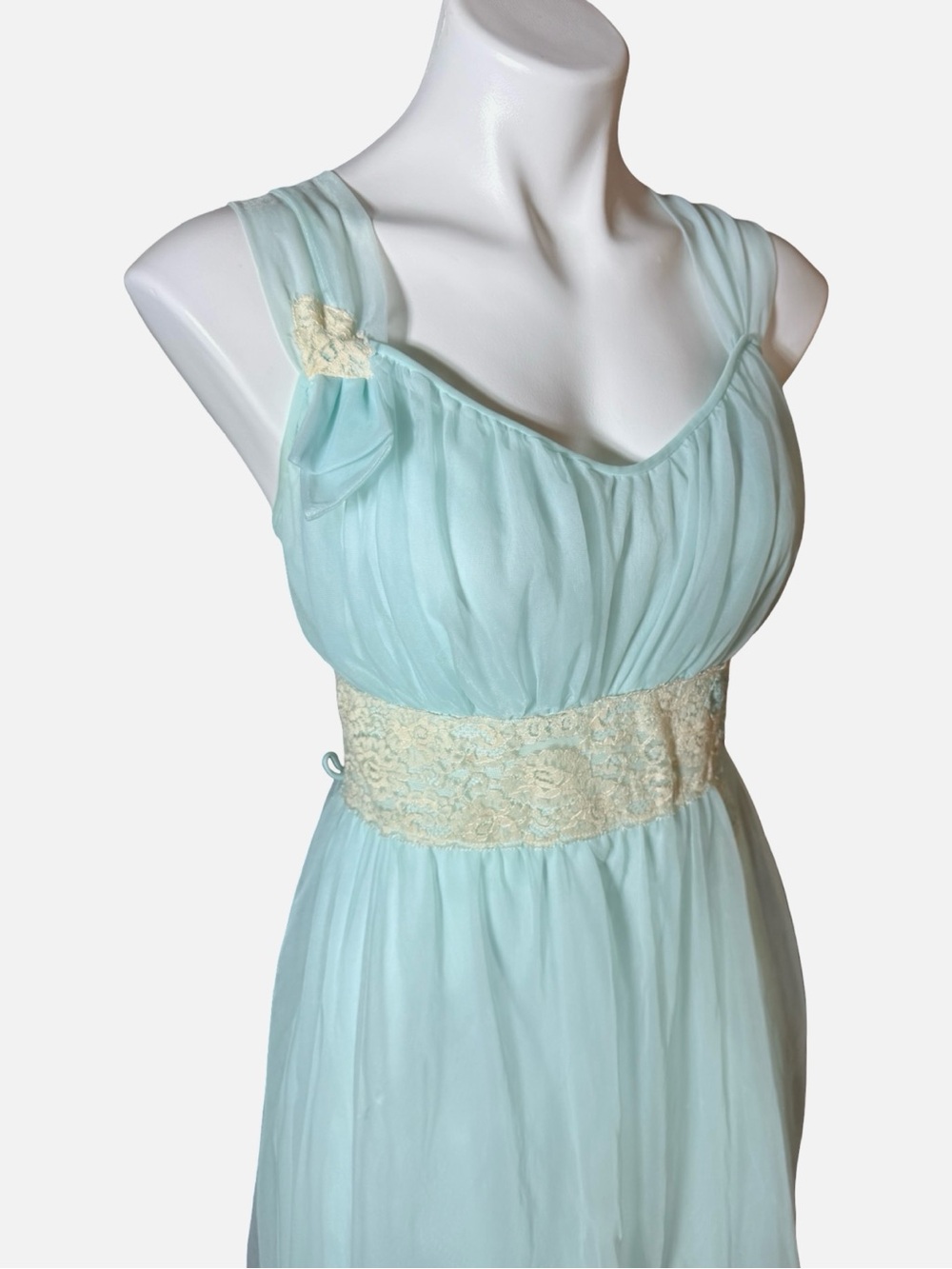Miss Elaine Vintage Mint Blue Chiffon Lace Nightgown Medium 1960s Babydoll - Picture 11 of 12